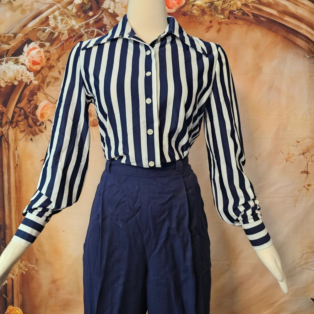 Vintage 70s Act III Navy White Striped Blouse Top Shirt Long Sleeve Disco Collar